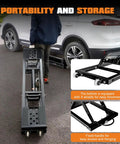 Portable Car Lift 7000 Lbs Heavy Duty Quick Jack With 28 Inch Max Height Locking Levers And Wheels, shown with handle and wheels for easy movement.