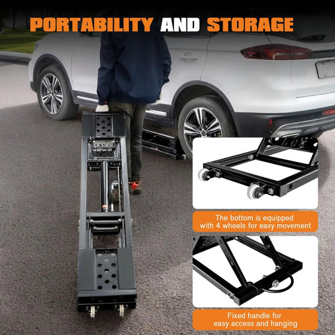Portable Car Lift 7000 Lbs Heavy Duty Quick Jack With 28 Inch Max Height Locking Levers And Wheels, shown with handle and wheels for easy movement.
