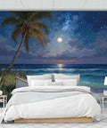 Beach Night Sky Oil Painting Photo Wallpaper With Ocean Rowing Theme Large Wall Mural For TV Backdrop And Chill Bedroom Or Living Room Decor 108 Inch Wide By 75 Inch High Dark Blue, featuring a serene ocean scene under a starry night sky with a rowing boat and palm tree.