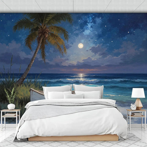 Beach Night Sky Oil Painting Photo Wallpaper With Ocean Rowing Theme Large Wall Mural For TV Backdrop And Chill Bedroom Or Living Room Decor 108 Inch Wide By 75 Inch High Dark Blue, featuring a serene ocean scene under a starry night sky with a rowing boat and palm tree.