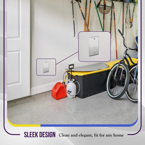 Heavy Duty Stainless Steel Blank Wall Plate 1 Gang 4.50 by 2.76 Inches installed in garage, UL Listed, durable and neat.