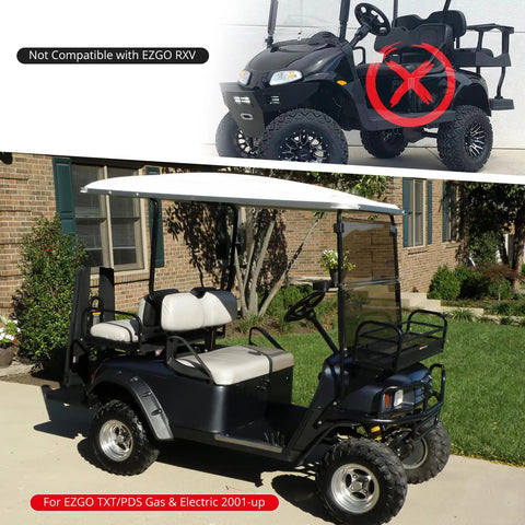 Spindle King Pin Tube Bushing Kit For EZGO TXT PDS 2001 And Up Heavy Duty Bushings shown on compatible and non-compatible golf carts