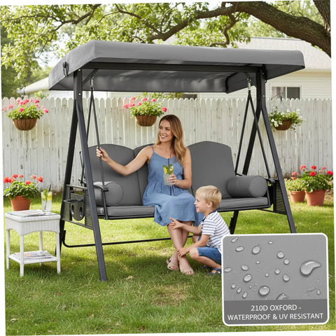 Woman and child on swing with Red 75 By 47 Inch Heavy Duty Waterproof Outdoor Swing Canopy Cover with Side Grommets 210D Oxford Fabric Replacement