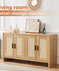 Rattan Buffet Cabinet With Storage Galore And Adjustable Shelves For Kitchen Living Room And Dining Room Farmhouse Modern Wood Sideboard Cupboard For Coffee Bar Station with decor