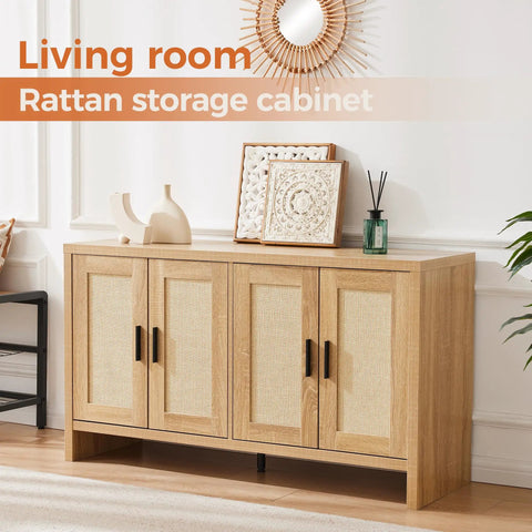 Rattan Buffet Cabinet With Storage Galore And Adjustable Shelves For Kitchen Living Room And Dining Room Farmhouse Modern Wood Sideboard Cupboard For Coffee Bar Station with decor