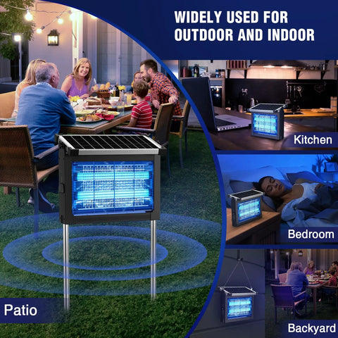 Powerful 4500V Mosquito Zapper With Panel Sensor, Waterproof Solar Bug Killer shown in outdoor and indoor settings.