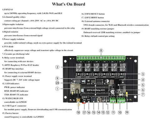Beefed-Up 6 Channel ESP32 S3 WiFi Relay Module detailed circuit layout highlighting components for AIoT and industrial automation.