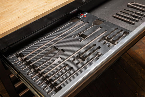 20-Piece Pneumatic Tool Set With Black Oxide Finish, Pro-Grade Precision Fit Tools displayed in foam drawer block