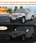 Jeep Wrangler Cab Cover For 2007 To 2026 Four Door Waterproof All Weather Half Car Cover Oxford Fabric With Reflective Strip Sun Snowproof And Easy Trunk Zipper Access on Jeep during day and night scenes