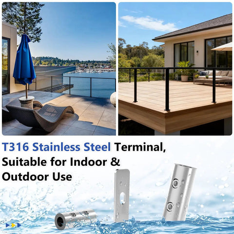 Swageless Invisible Cable Railing Kit 20 Pack No Crimp Reusable T316 Stainless Steel Fixed End Terminals on deck and terminals detail