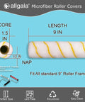 Professional Grade 9 Inch Paint Roller Covers 144 Case Pack Heavy Duty Zero Fuzz Lint Free 1/2 In Nap Sleeves with measurement details.
