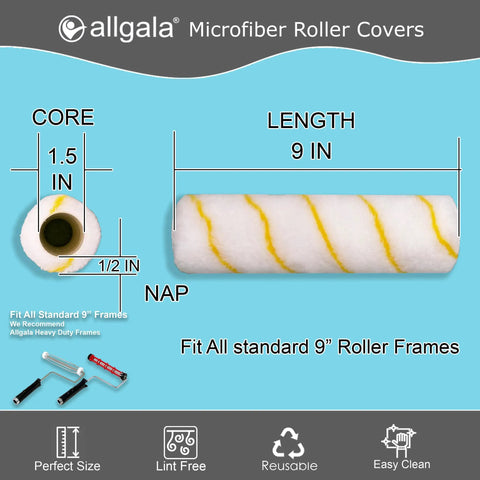 Professional Grade 9 Inch Paint Roller Covers 144 Case Pack Heavy Duty Zero Fuzz Lint Free 1/2 In Nap Sleeves with measurement details.