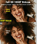 Slick 1080P HD Webcam For PC And Laptop With Dead Quiet Noise Canceling Mic And Plug And Play Setup For Smooth Video Calls shows a smiling woman with clear skin under good lighting.