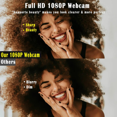 Slick 1080P HD Webcam For PC And Laptop With Dead Quiet Noise Canceling Mic And Plug And Play Setup For Smooth Video Calls shows a smiling woman with clear skin under good lighting.