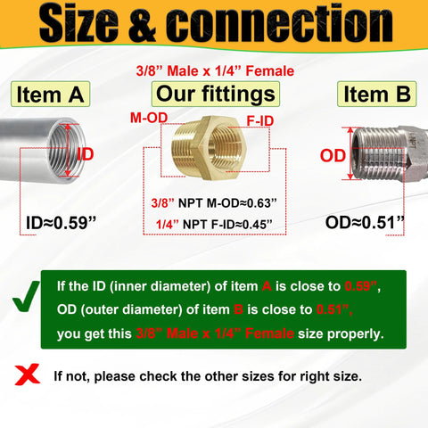 Front view of brass 3/8 MNPT to 1/4 FNPT reducer adapters, 2-pack, with size diagram.