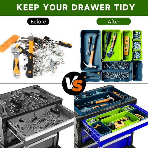 Heavy Duty Multi Size Tool Box Organizer Trays, Complete 60 Piece Drawer Sorter Kit, Blue And Green Plastic Bins, Solid Garage Workshop Storage To Keep Your Toolbox Looking Top Shelf