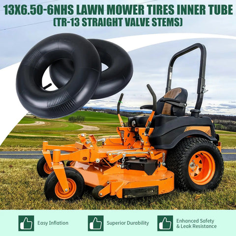 2 Pack Heavy Duty 13x6.50-6 Inner Tubes With TR-13 Valve Stem For Lawn Mowers against a backdrop of orange lawn mower on grass