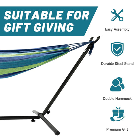 Heavy Duty Steel Stand Outdoor Hammock For Two People With 450 Lb Capacity Portable Beach Backyard Garden Patio 100 By 40 By 38 Inch Blue Durable Steel Frame Makes Setup A Breeze For Backyard Lounging And Travel Or Kick Back; image shows colorful hammock with steel stand, easy assembly, and double hammock features.