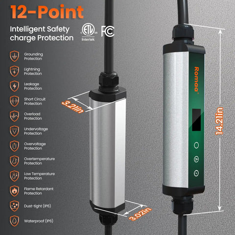 Hella Fast Level 2 EV Charger For Home Garage Includes 40 Amp Portable J1772 Charging Station With Nema 14-50 Plug Delivers 9.6 KW Beast Mode Power Supply For Electric Cars No Fuss Setup showing 12-point safety protection features.