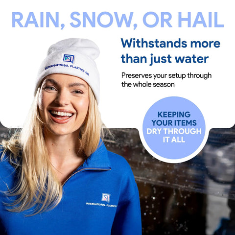 Person wearing a blue fleece jacket and white beanie with text about weather resistance