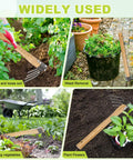 Japanese Hand Tiller And Garden Rake Tool With 15.4 Inch Stainless Steel Cultivator And Hoe in use for gardening tasks