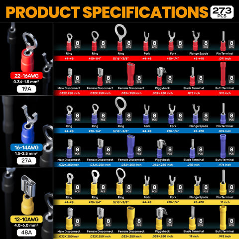 Assorted connectors from Insulated Wire Terminal Crimp Kit with 45 types and 315 pcs, suitable for AWG 22-10.