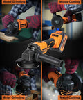 21V Cordless Grinder Kit Featuring 4 Inch Blade 10000 RPM Brushless Motor 4Ah Lithium Battery And Quick Charger Dual Position Handle For Cutting And Grinding Wheels Pro Grade in action on wood and metal