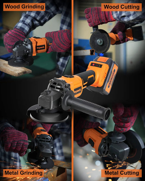 21V Cordless Grinder Kit Featuring 4 Inch Blade 10000 RPM Brushless Motor 4Ah Lithium Battery And Quick Charger Dual Position Handle For Cutting And Grinding Wheels Pro Grade in action on wood and metal