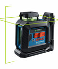 Green Beam Self Leveling 360 Degree Cross Line Laser projecting green lines on all sides, ideal for accurate job site layouts.