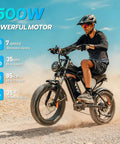 Person riding High Power 1500W Fat Tire Electric Bike for Adults with Removable 48V 20Ah Battery on rocky terrain