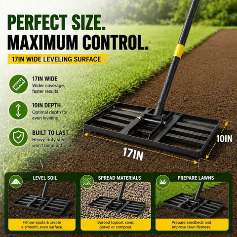 Heavy Duty Lawn Leveling Rake For Soil And Ground, 17x10 Stainless Steel Leveler Plate With Reinforced Welds, info graphics