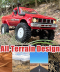 Red WPL C24 RC Truck Crawler 1 16 Scale 4x4 All Terrain Pickup RTR on rugged terrain with all terrain design images below