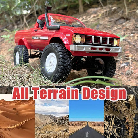 Red WPL C24 RC Truck Crawler 1 16 Scale 4x4 All Terrain Pickup RTR on rugged terrain with all terrain design images below