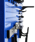 Heavy Duty Steel Pegboard Rack Pack With Two Blue 32 Inch By 16 Inch Horizontal Metal Pegboard Panels side view with hooks