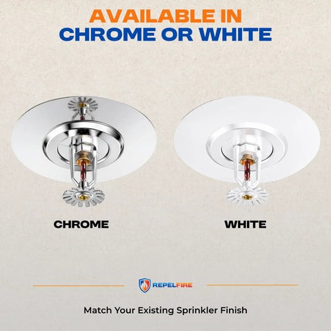 Fire Sprinkler Escutcheon Quick Patch That Nails Your Oversized Ceiling Cutouts Zero Drywall Drama With A Sturdy Steel Trim Ring To Hide Recessed Heads On Wall Or Ceiling Projects In White image showing chrome and white finish options for sprinkler head covers.