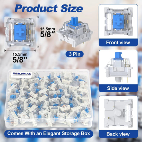 80 Count Blue Mechanical Keyboard Switches With 3 Pin Pre Lubricated Design For Smooth Quiet Gaming And Typing In A Dope DIY Build Pack That Delivers Consistent Keystrokes And Easy Installation. 3-pin blue switches in storage box, front view
