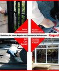 Image collage showing various maintenance tasks: fence repair, routine maintenance, DIY car repair, and furniture assembly.