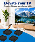 Four Pack Stackable TV Stand Riser Blocks With Half Inch Adjustable Height, black risers for elevating TVs in clean setup.