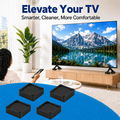 Four Pack Stackable TV Stand Riser Blocks With Half Inch Adjustable Height, black risers for elevating TVs in clean setup.