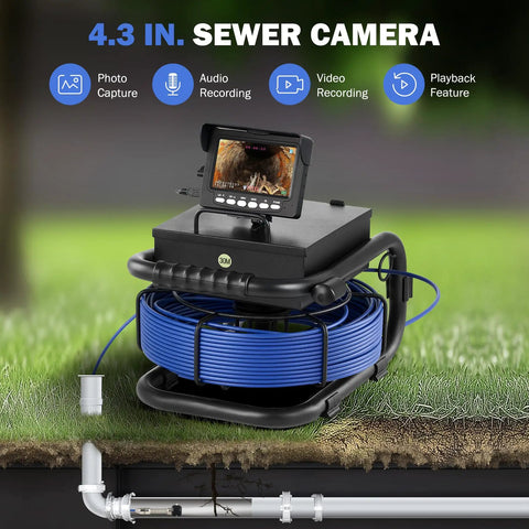 Drain And Sewer Inspection Camera with 100 ft cable, 4.3 inch LCD display showing underground image, coiled cable, grass background