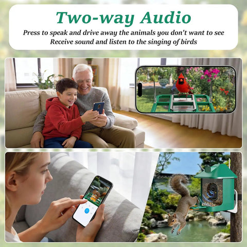 Smart Bird Feeder With Camera 2K Live View Solar Powered Outdoor WiFi Night Vision AI Identify Arrive Alerts Auto Record Videos Real Time App Notifications All In One Backyard Bird Watching Gift For Family And Bird Lovers.
