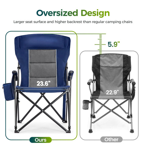 Comparison of oversized folding camping chair with high back support and standard chair showing size and design differences.