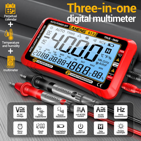 Auto Ranging Digital Multimeter With Large LCD Display And 4000 Count Voltage Tester TRMS Volt Meter on table with probes