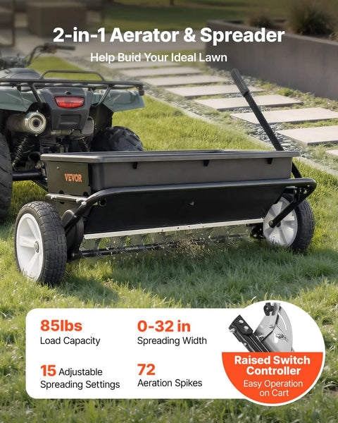 Tow Behind Lawn Spreader With Aeration Spikes For A Beefy Lawn Boost 32 Inch Wide Broadcast Spreader attached to ATV