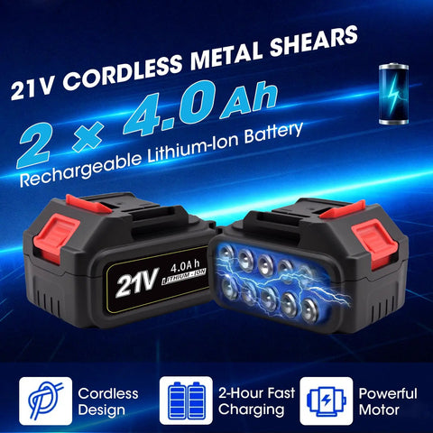 Sumumtor Brushless Cordless Metal Shears With Two 4.0Ah Batteries, 14Ga Steel Cutter, showing two rechargeable 4.0Ah batteries.