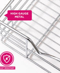 Close-up of Heavy-Duty Cabinet Organizer with anti-rust chrome finish, high gauge metal wire, and smooth roll-out slides.