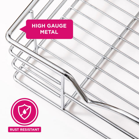 Close-up of Heavy-Duty Cabinet Organizer with anti-rust chrome finish, high gauge metal wire, and smooth roll-out slides.