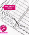 Heavy Duty Pull Out Cabinet Organizer Slide Out Pantry Shelf showing high gauge metal, rust resistant design for kitchen use.