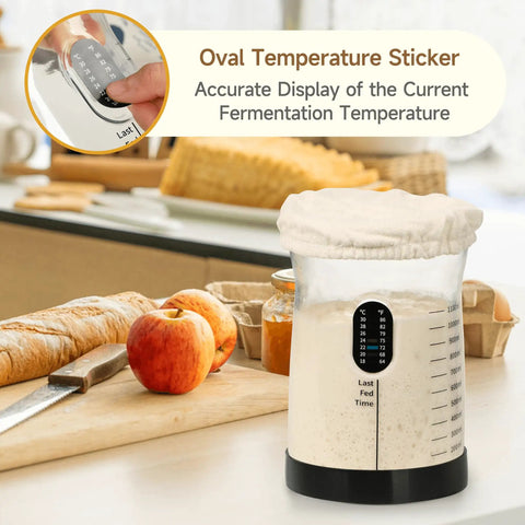 Large Capacity Sourdough Starter Kit With 50oz Jar And 17 Flavorful Fermentation Recipes featuring temperature sticker on jar.