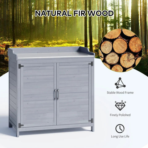 Outdoor Potting Bench With Metal Tabletop And Double Doors Cabinet, wooden frame in forest backdrop